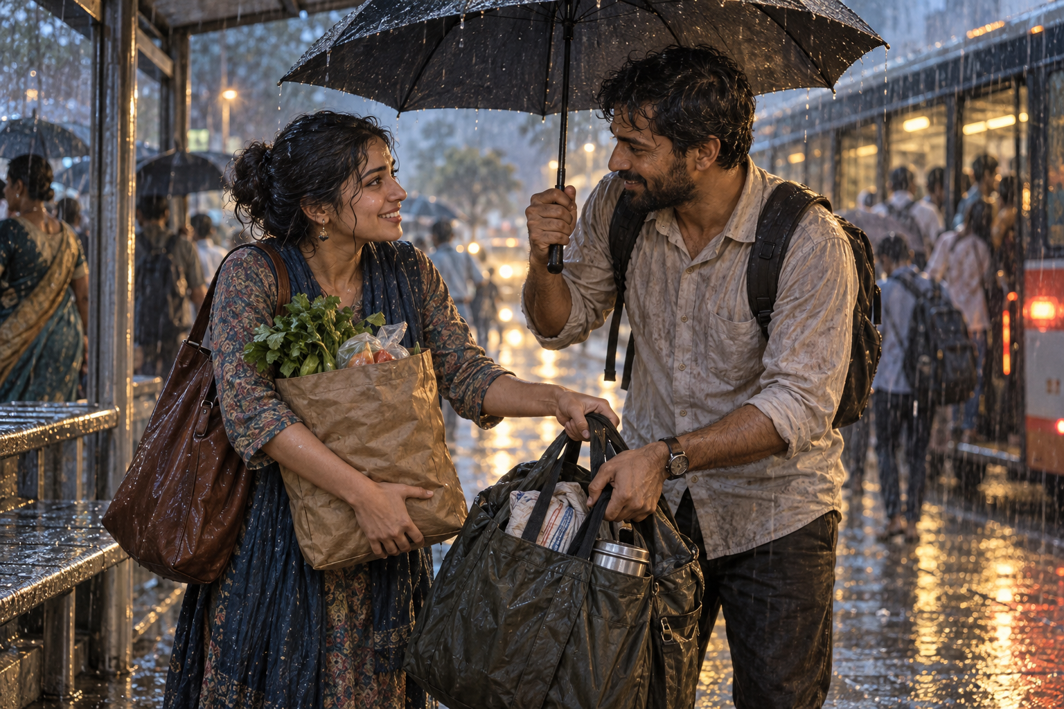 Two people at a rain-soaked bus stop share an umbrella and reach to help each other with a heavy grocery bag.