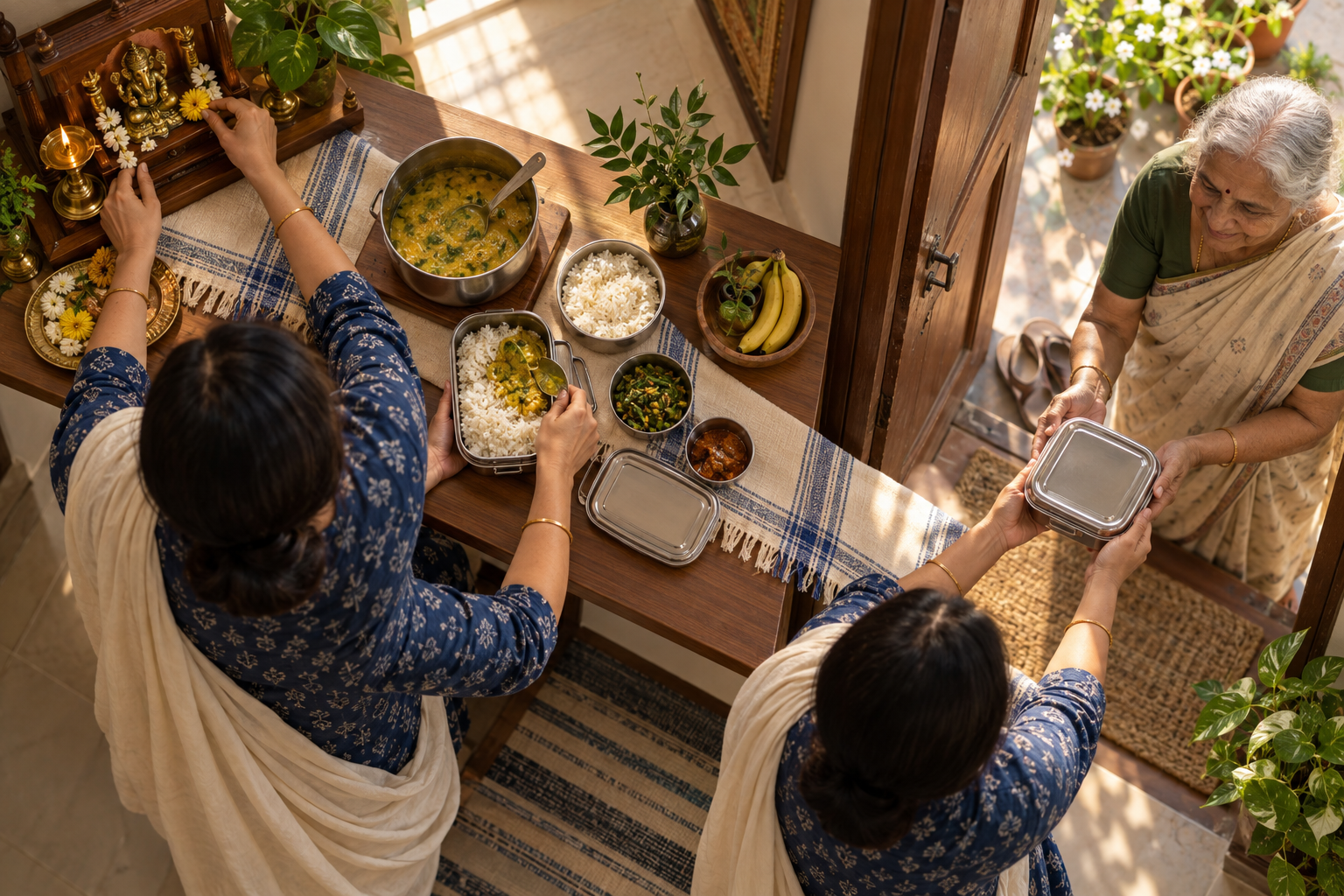 An overhead scene connects a flower and brass lamp at a home shrine with packing food and offering the container to an elderly neighbor.