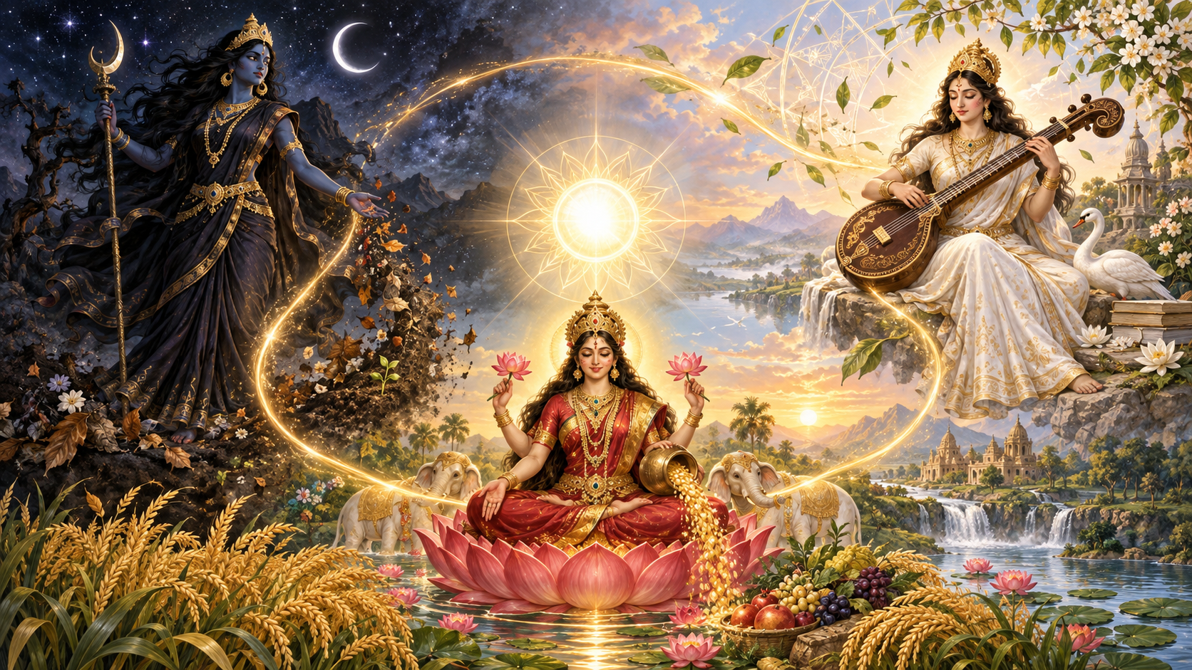 Mahasaraswati, Mahalakshmi, and Mahakali form a circle around one light, with symbols of emergence, sustenance, and transformation flowing between them.