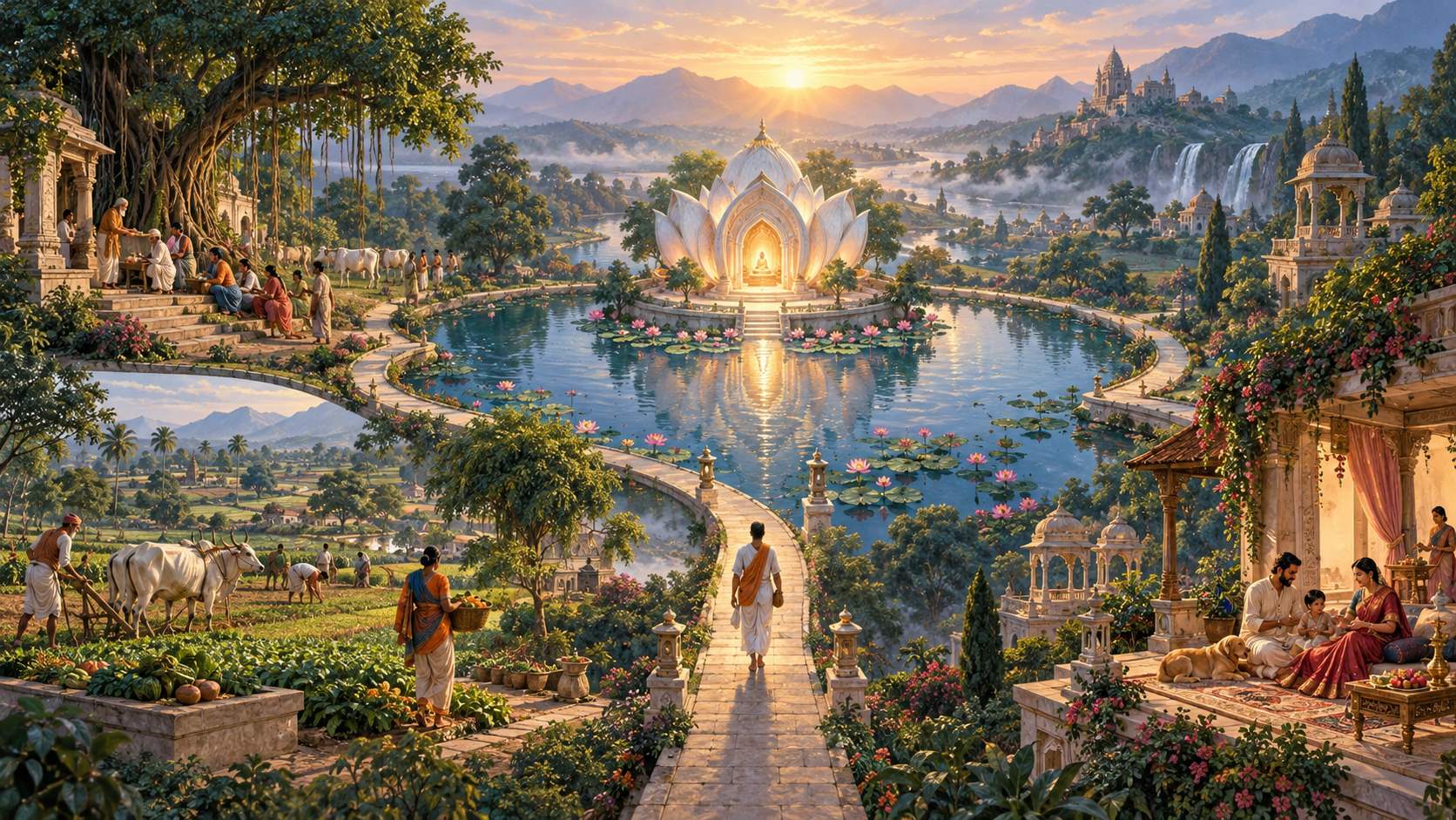 Three paths from scenes of duty, honest livelihood, and family enjoyment converge on a luminous sanctuary in the center of a lake.
