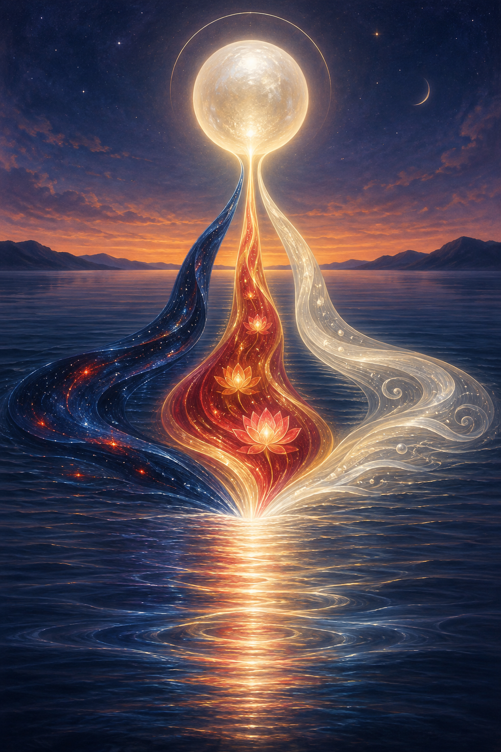 One sphere of white-gold light divides into three differently colored currents that remain joined at their source and reflection.