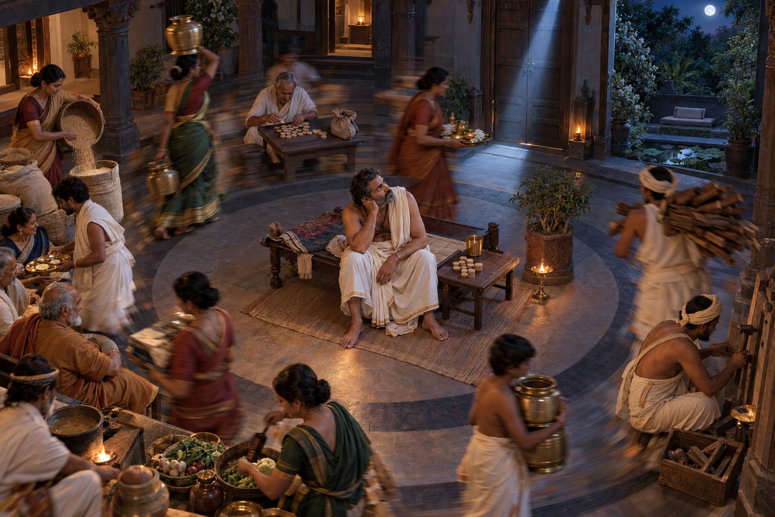 A householder sits amid a circular rush of domestic, economic, and ritual tasks as moonlight illuminates a doorway to a quiet meditation garden.