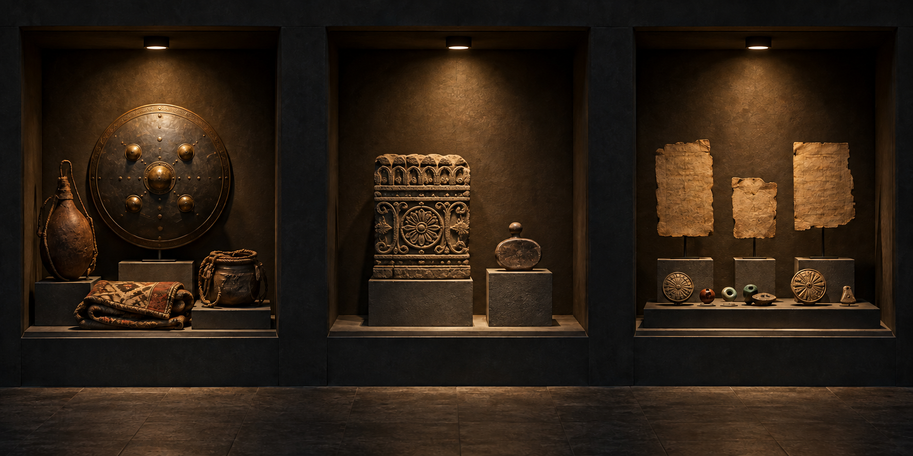 Three separately lit museum alcoves display Rajput objects, a medieval stone carving and seal, and disconnected manuscript leaves.