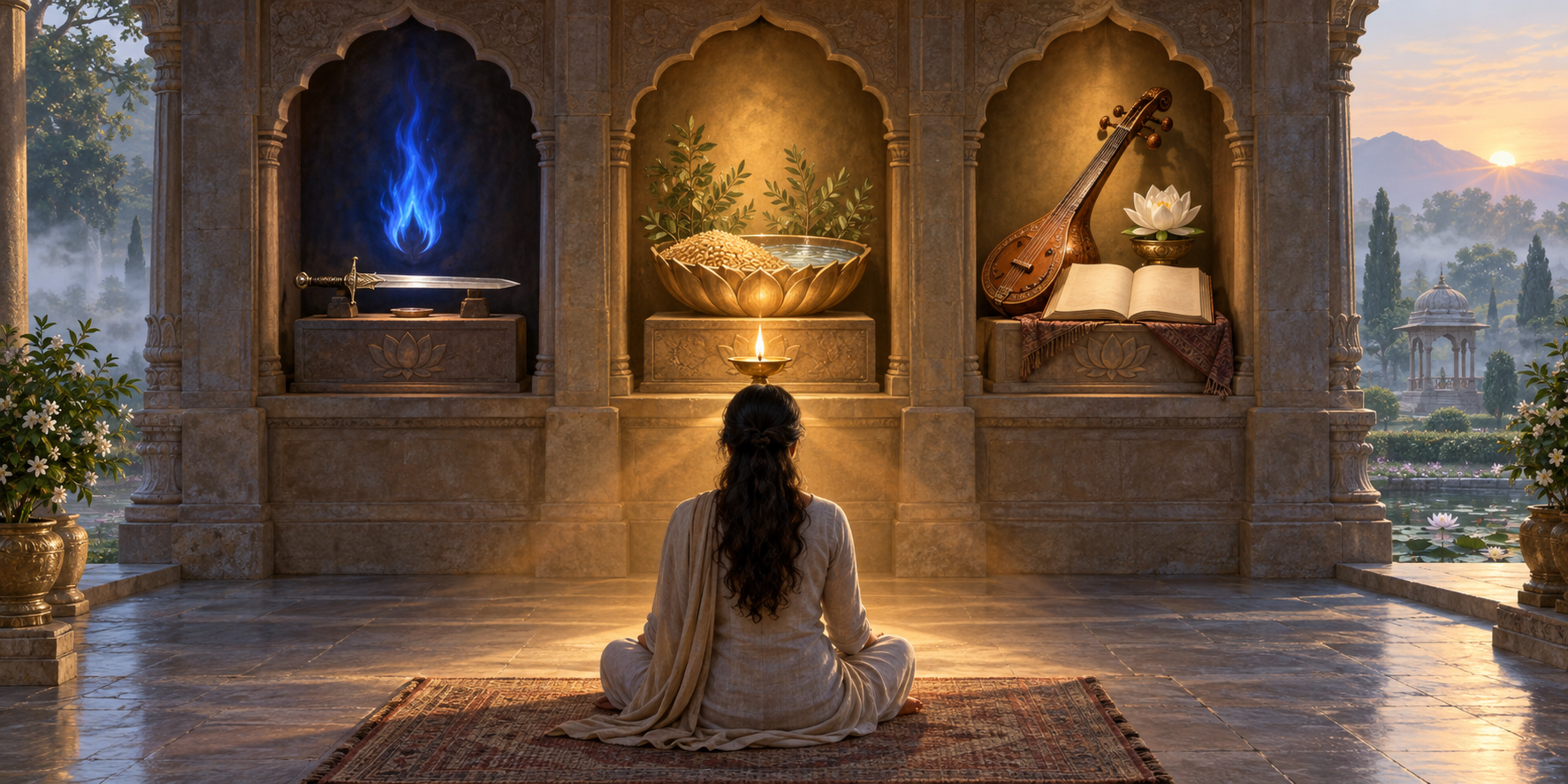 A seated seeker meditates before three connected shrine alcoves containing a blue flame and sword, a lotus bowl with grain and water, and a veena with a white lotus.