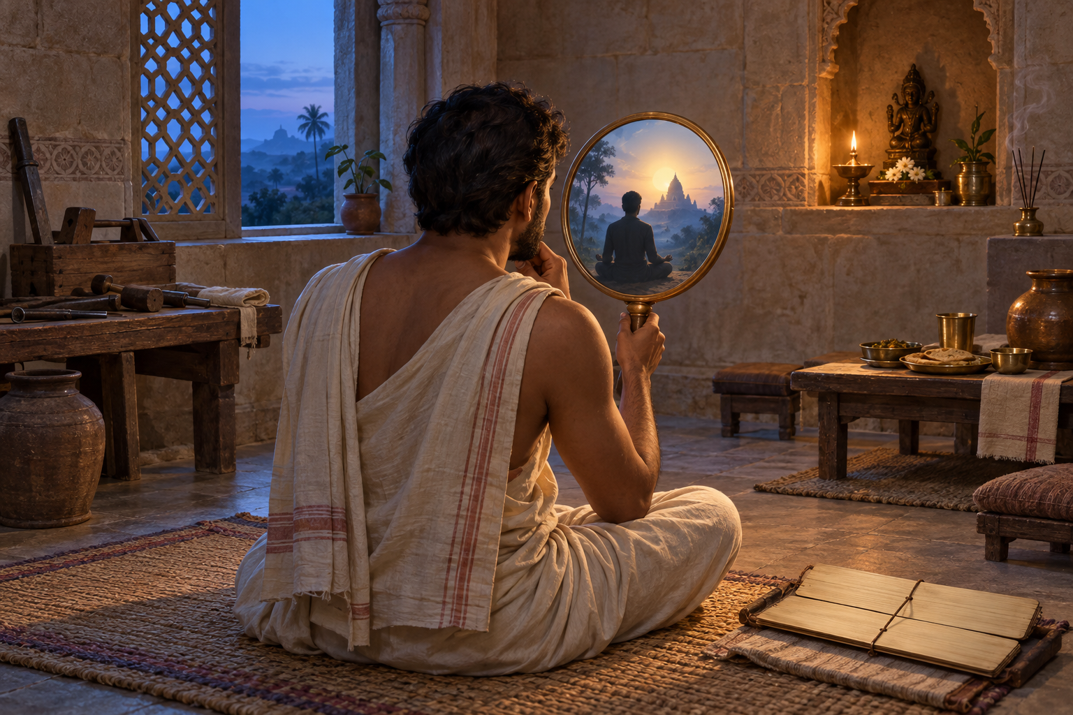 A householder meditates beside work tools, household objects, and ritual vessels while a bronze mirror reflects a calm figure facing a distant light.