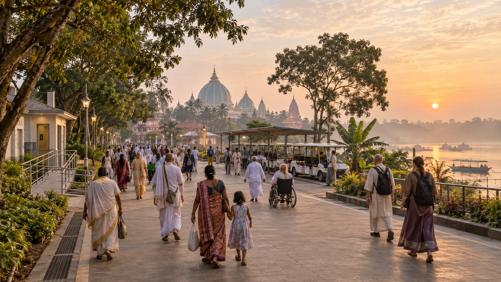 Pilgrims walk along a clean, shaded approach toward temple spires in Mayapur at sunrise, with organized transport and public amenities nearby.