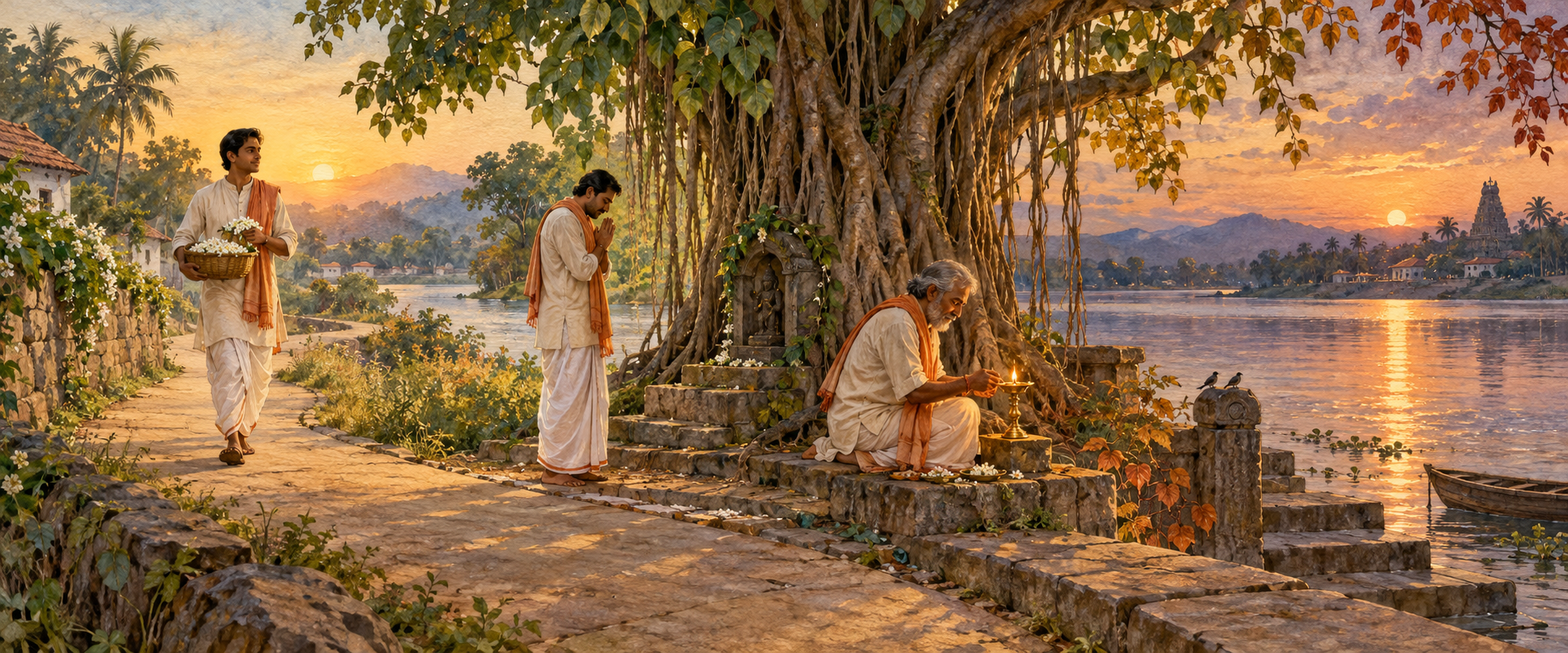 An Indian devotee at three stages of adult life follows a riverside path, offers flowers, prays beneath a banyan tree, and tends an oil lamp at twilight.
