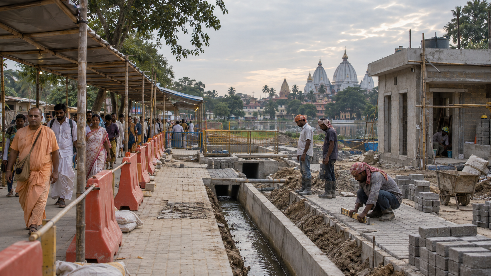 Pilgrims use a temporary path beside an unfinished walkway and drainage project near distant Mayapur temple spires.