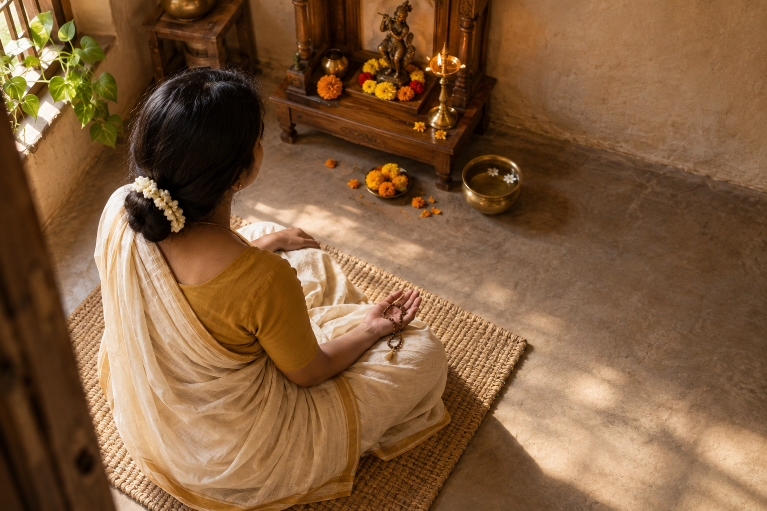 A seated devotee holds prayer beads in an open palm before a simple home shrine with a lamp, water bowl, and marigold petals.