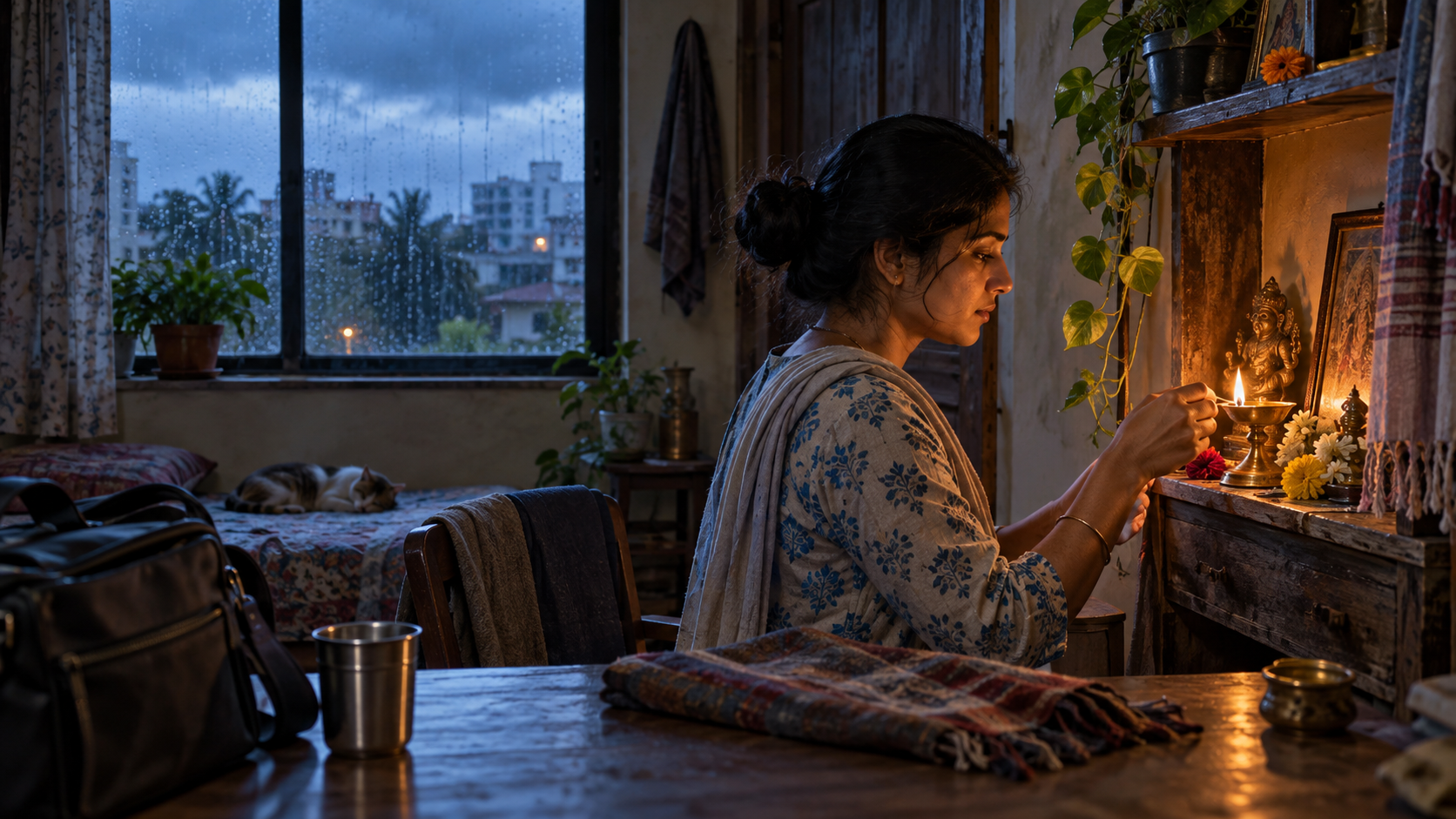 A person lights a small brass oil lamp in a home devotional corner at dawn, with everyday belongings nearby and rain visible through the window.