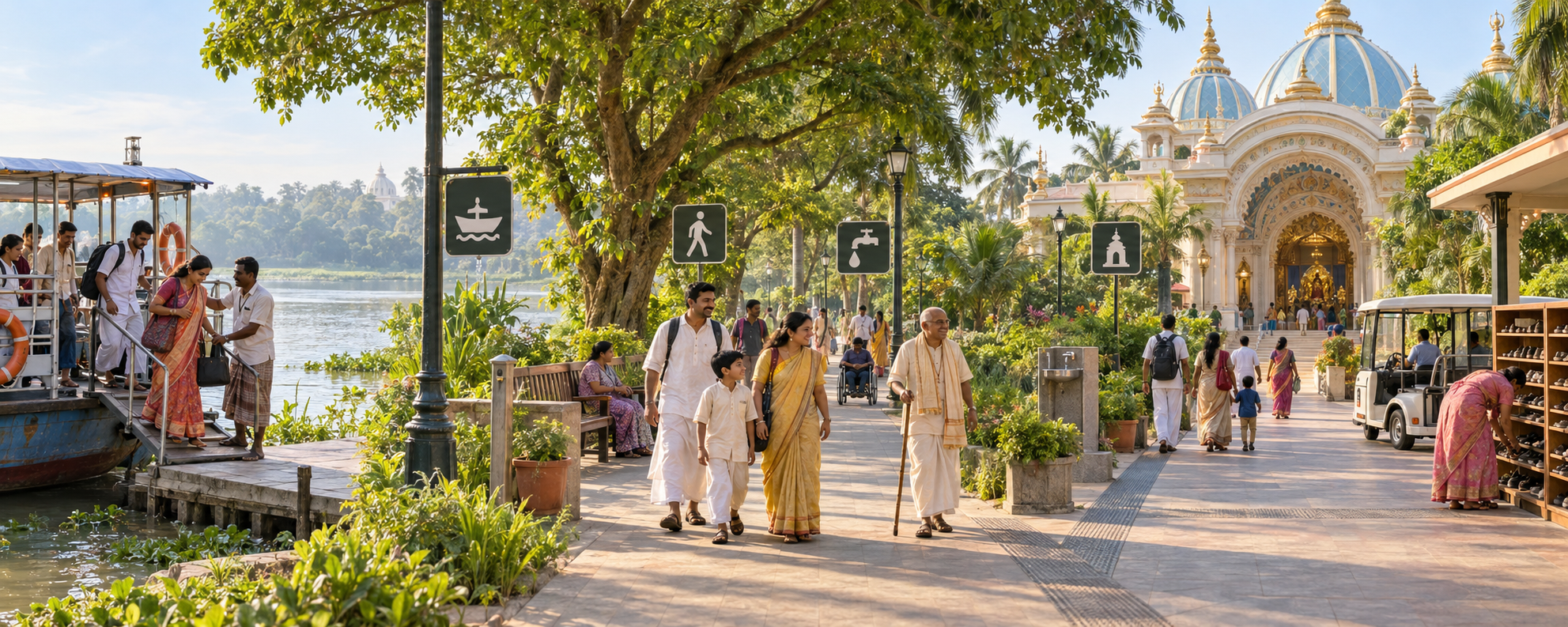 Pilgrims travel from a river ferry through a shaded accessible route to a temple entrance with seating, water and organized transport.