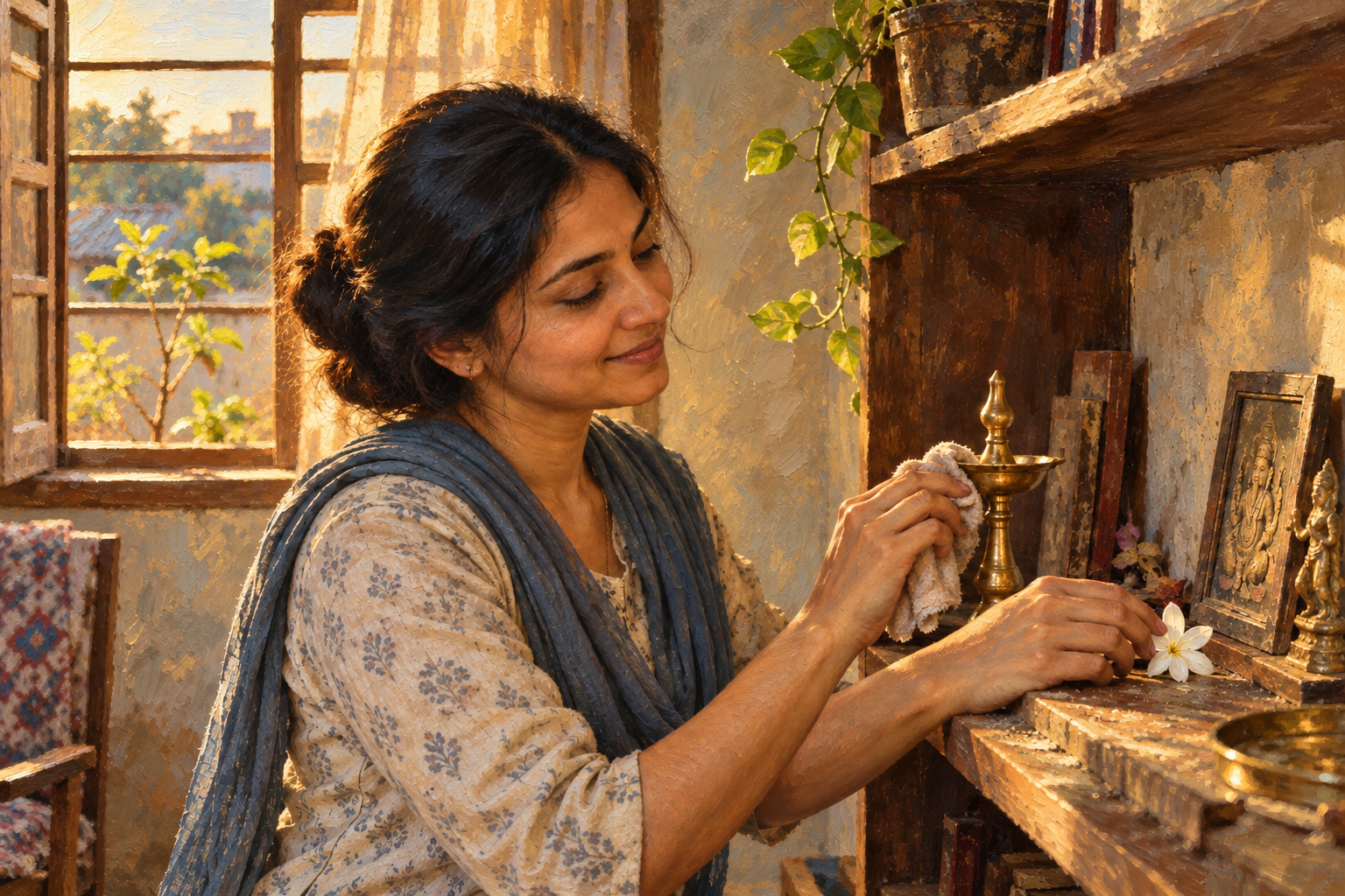 A devotee cleans a dusty brass lamp and places a fresh flower beside it as sunlight enters through an open window.