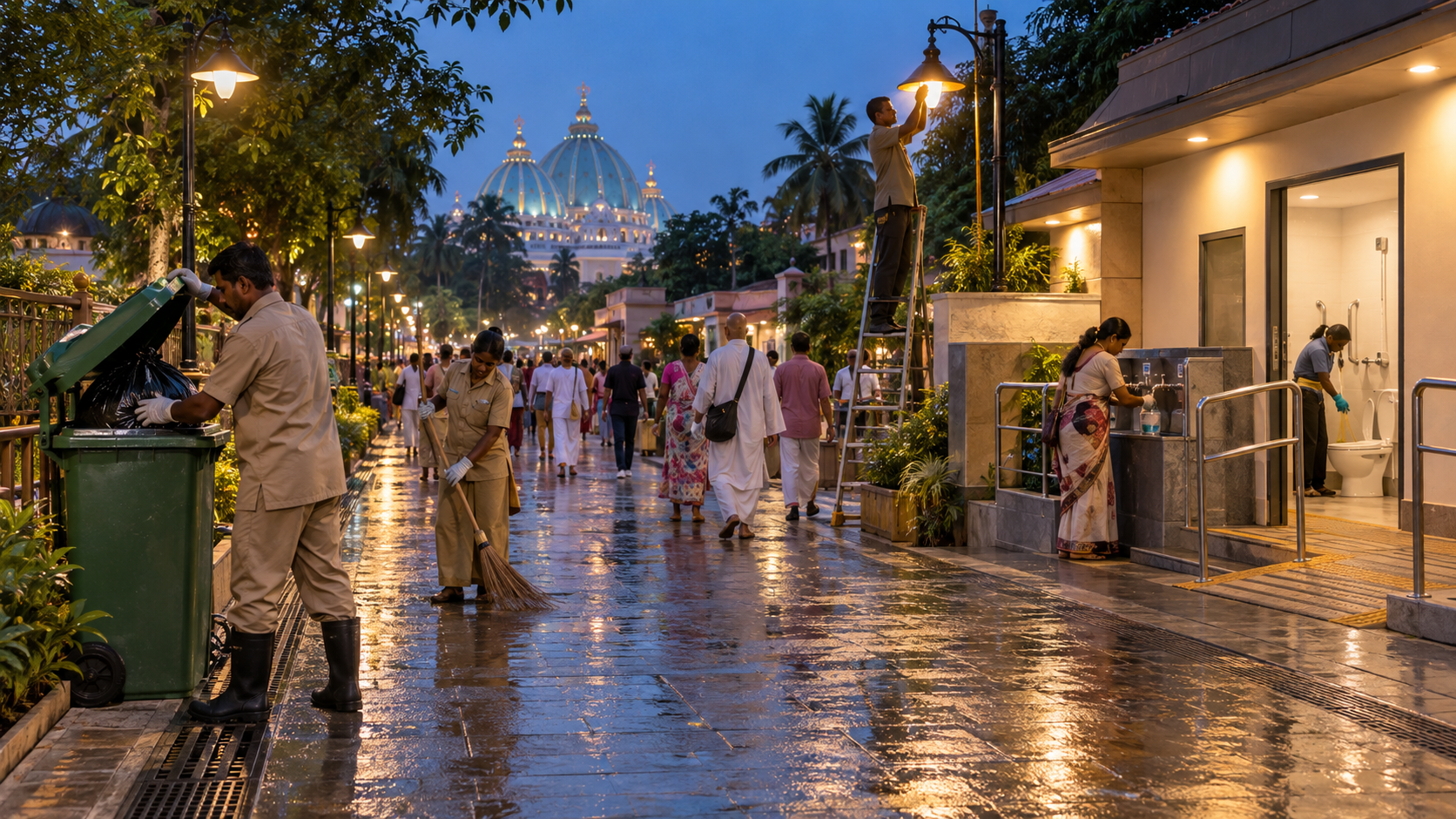 Workers clean a Mayapur pedestrian lane and maintain lighting, covered bins, a restroom and a drinking-water point as pilgrims pass in the evening.