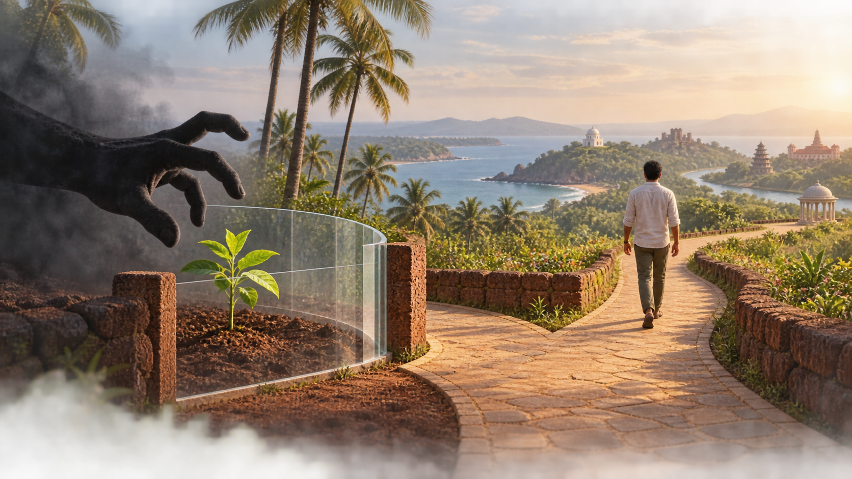 A transparent barrier blocks a threatening shadow from a sapling while an adult walks freely along an open path.