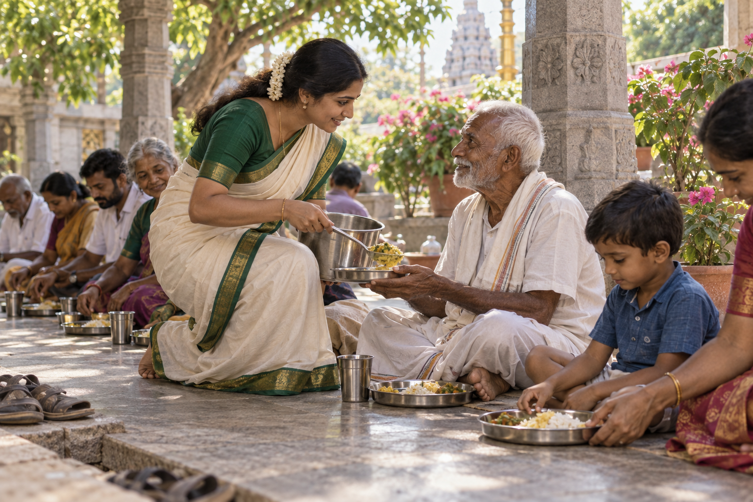 A devotee serves a shared meal to an elderly guest and helps steady a child's plate in a shaded temple courtyard.