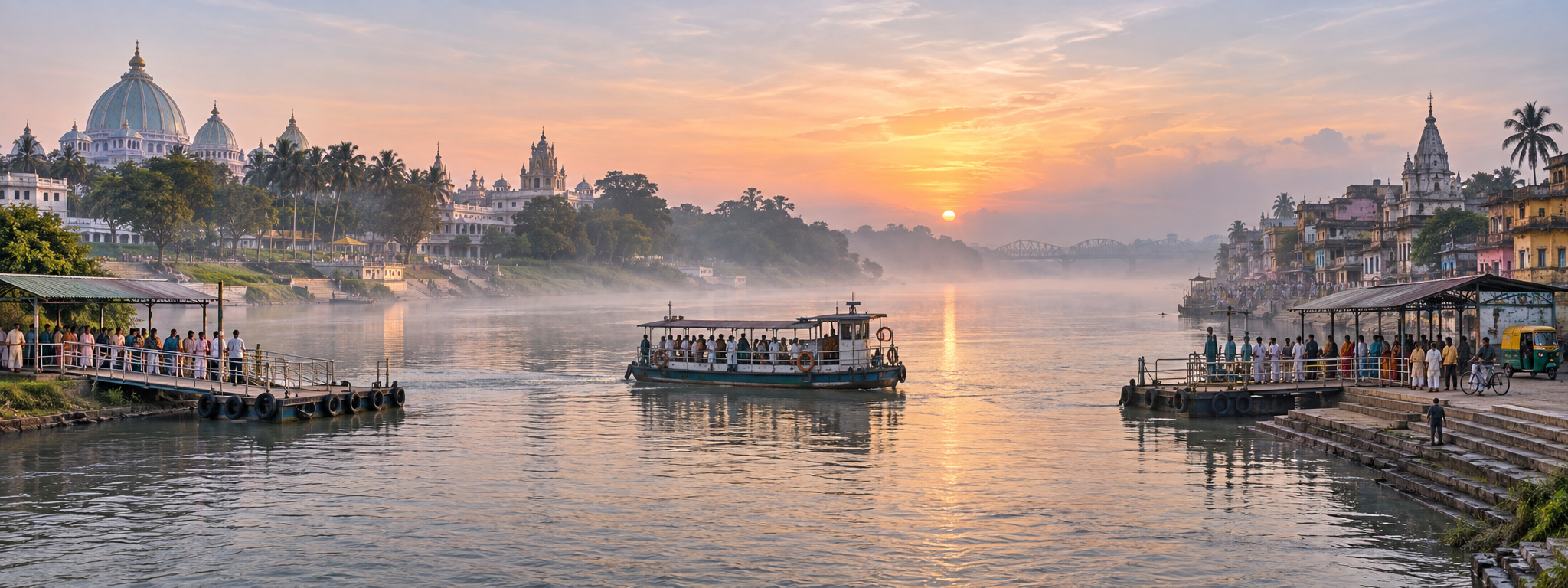 A passenger ferry crosses the Bhagirathi River between Mayapur's temple landscape and Nabadwip's historic ghats at dawn.