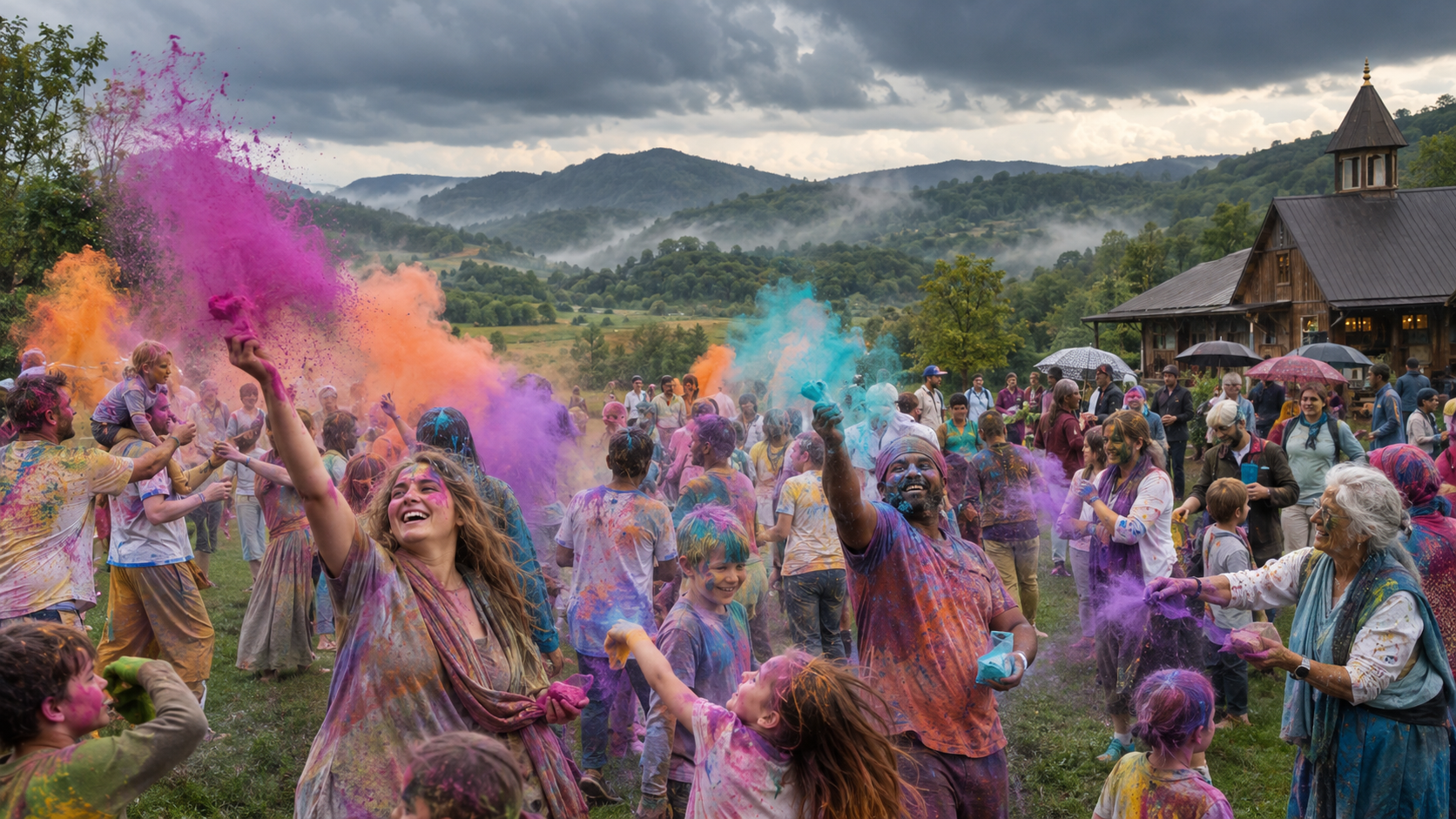 Festivalgoers toss brightly colored powder on a lawn beneath rain clouds in the Appalachian hills at New Vrindaban.