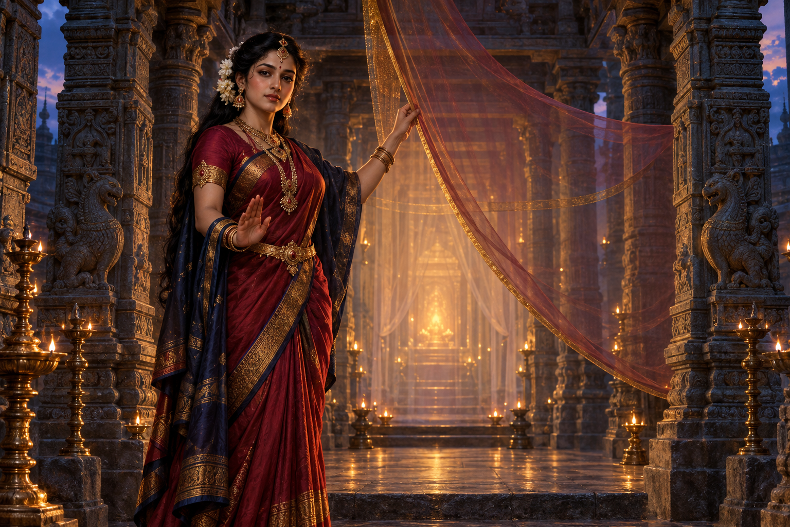 A divine feminine attendant stands at a lamp-lit temple threshold, holding a translucent veil around the glowing inner sanctuary.