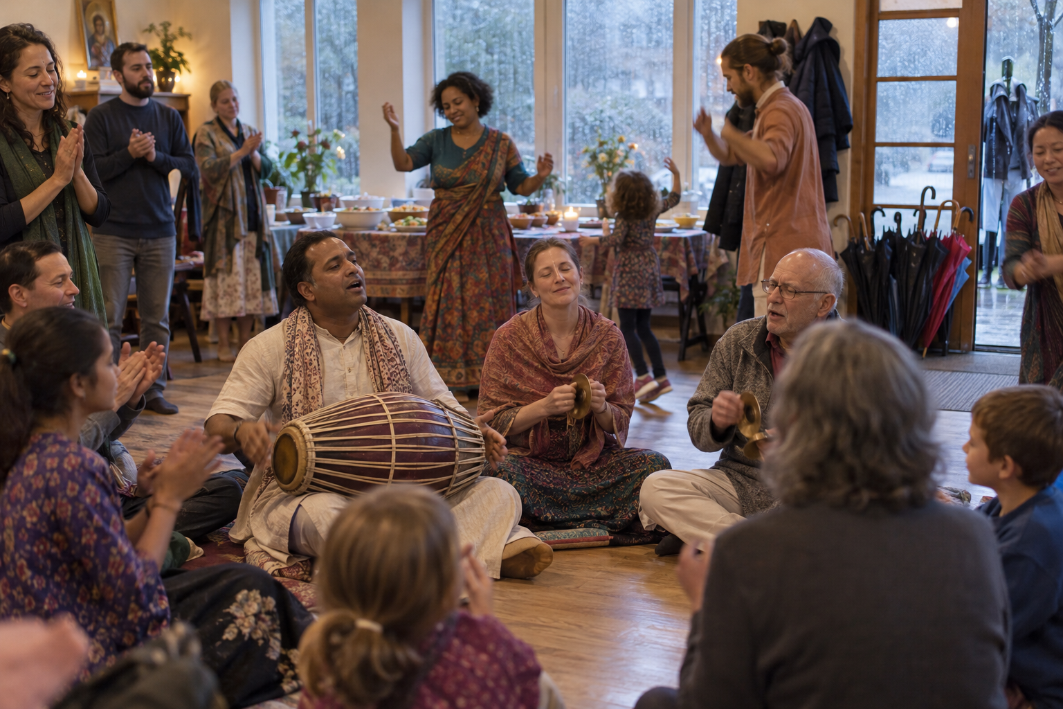 Visitors gather indoors for devotional music and dance while rain falls outside the community hall windows.