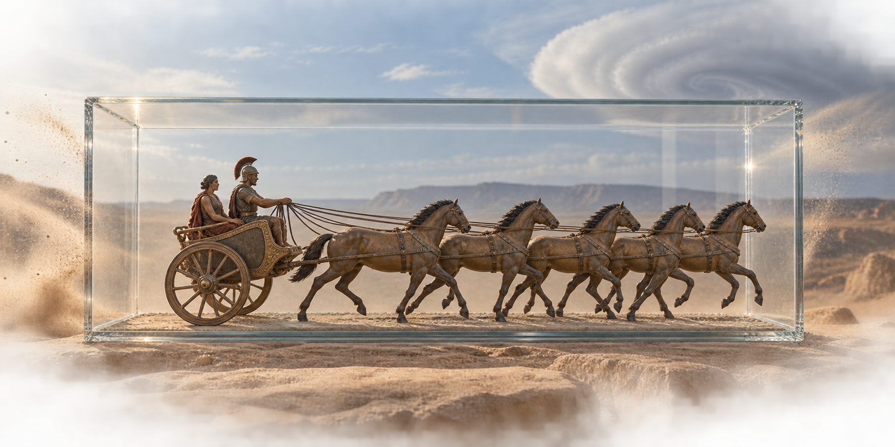 A transparent enclosure separates a miniature chariot, two occupants, and five horses from the surrounding terrain and sky.