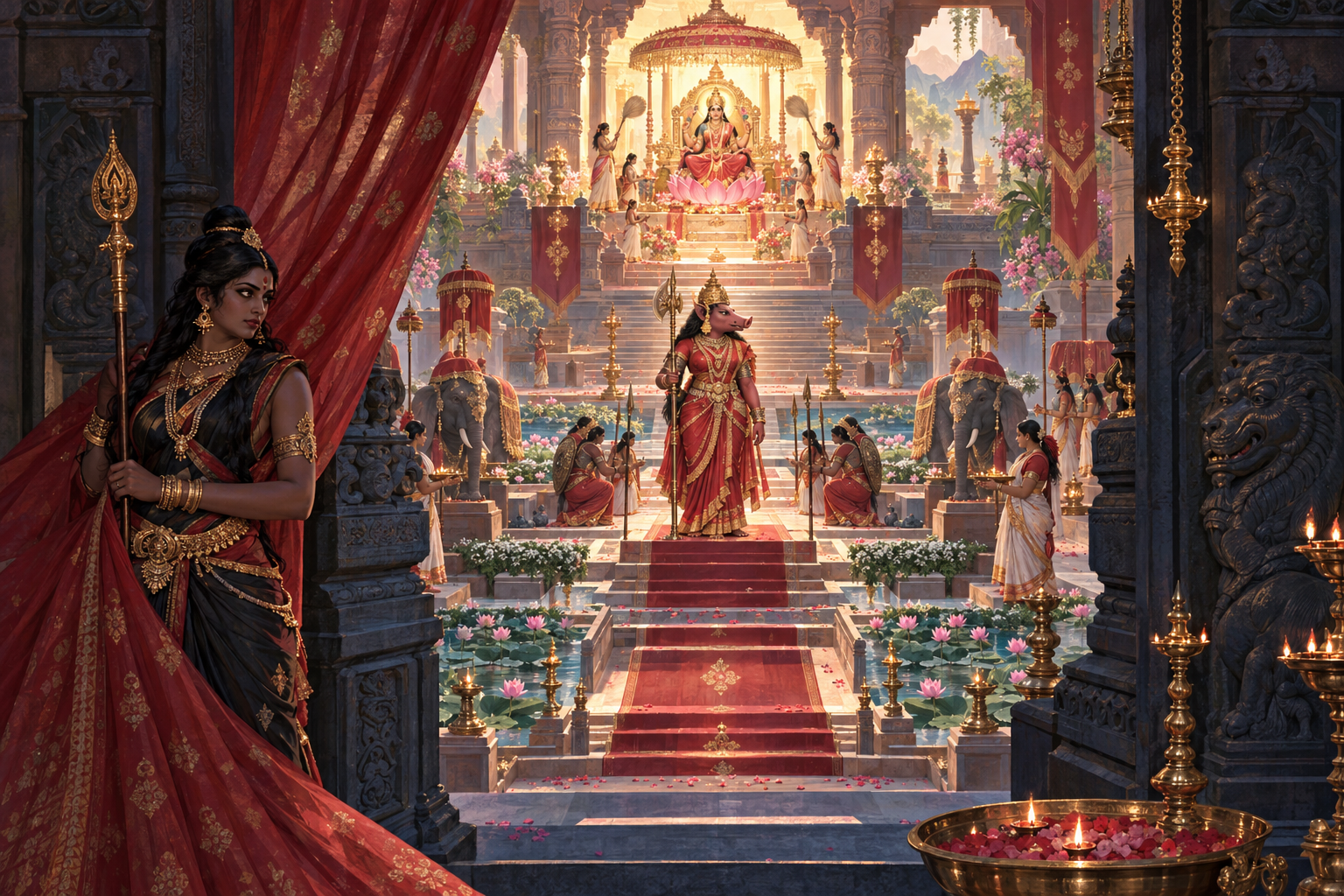 A tiered sacred court shows Lalita enthroned at the luminous center, Dandanatha Varahi in the middle ground and Tiraskarani guarding an outer threshold.