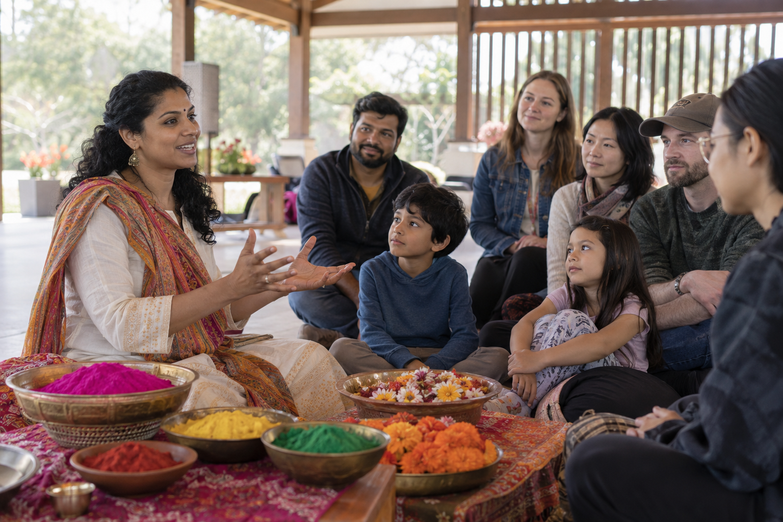 A community educator speaks with visitors seated around bowls of colored powder and flower petals before a Holi-inspired celebration.