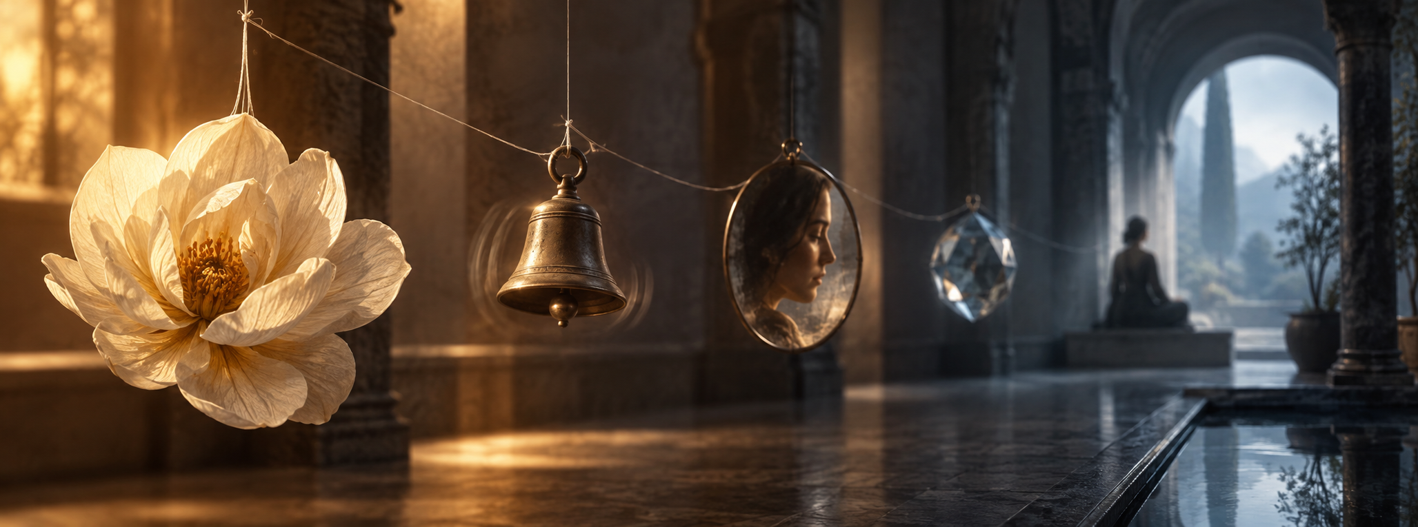 A sensory object, bell, reflected face, glass lens, and seated silhouette are connected by fine threads in a gradually calming space.