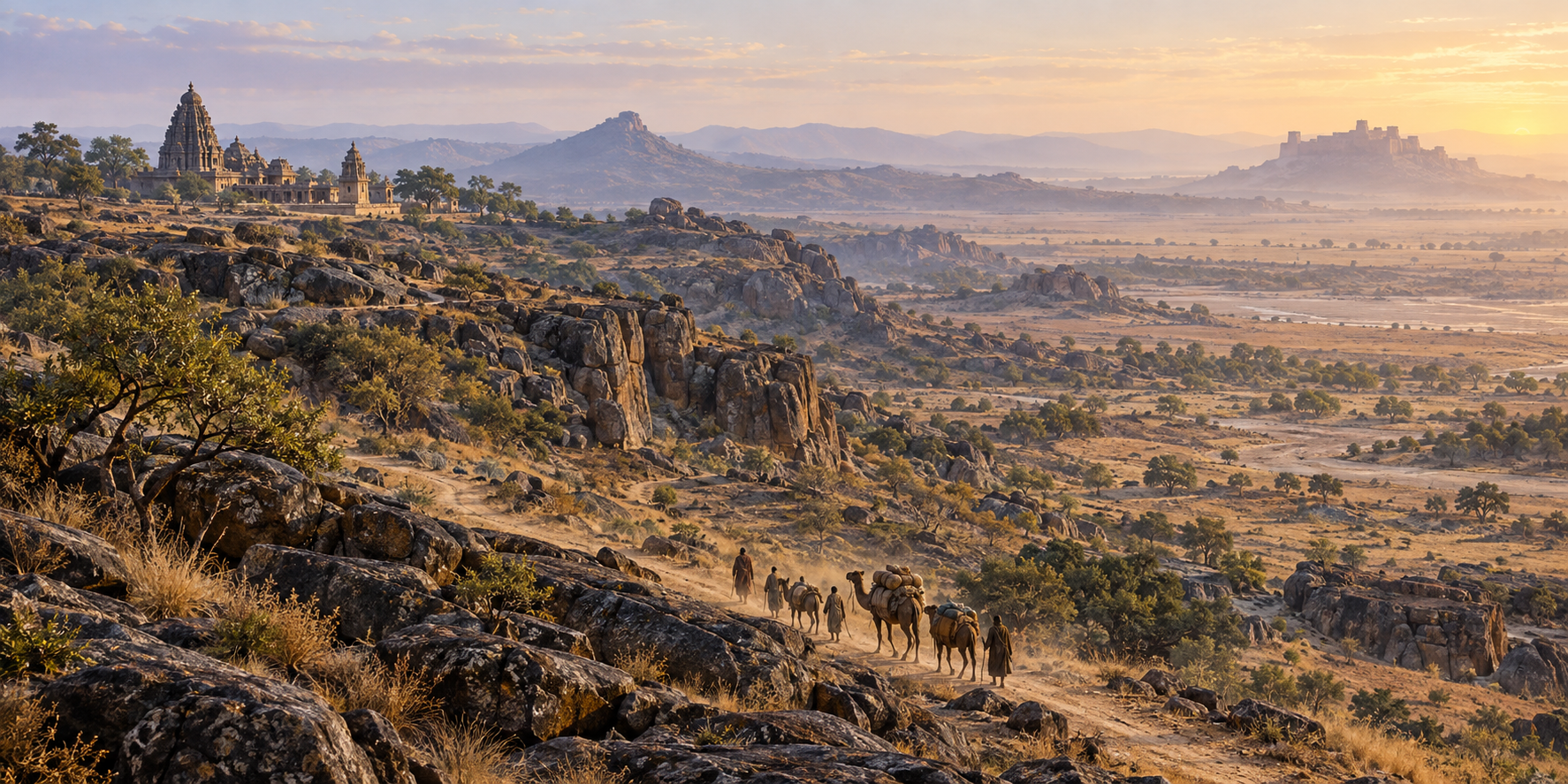 A small medieval caravan crosses changing terrain between a distant Deccan temple and a faint sandstone hill fort.