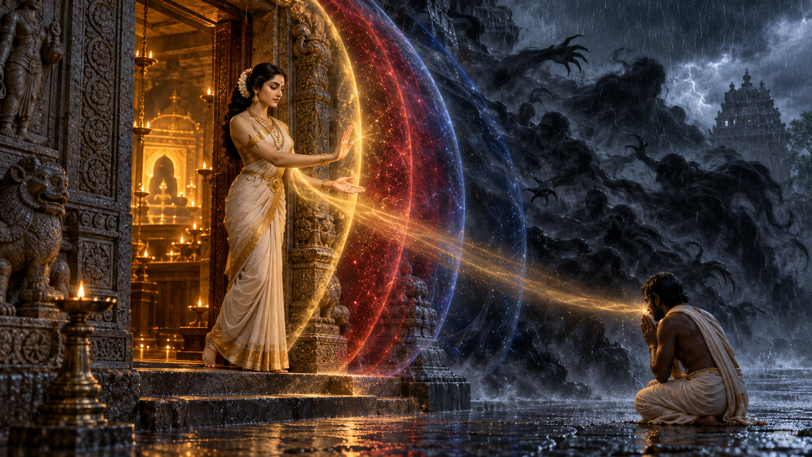 Tiraskarani stands beside a sanctuary doorway as translucent bands of light shield the illuminated interior from dark forms outside.