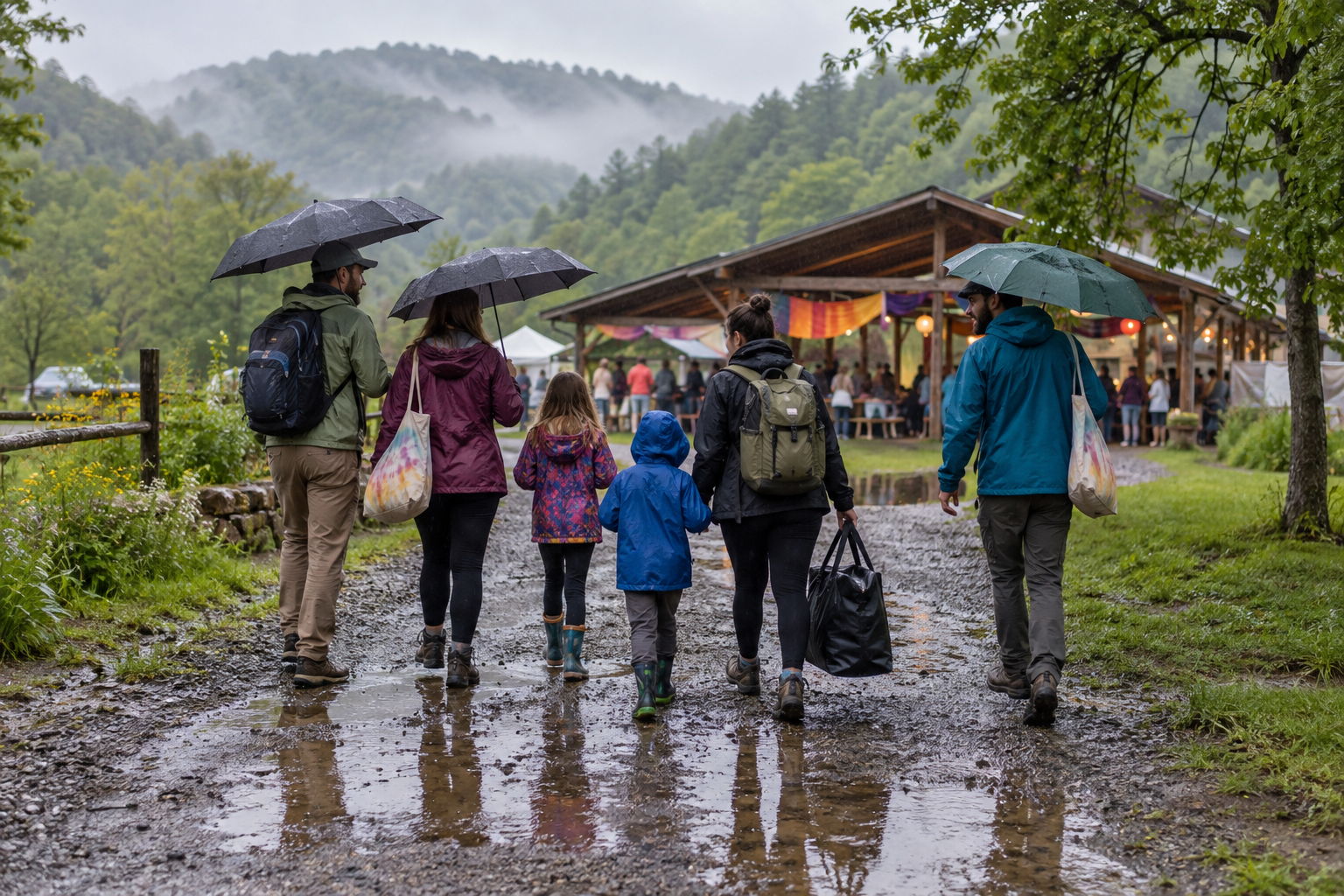 Visitors in rain jackets carry umbrellas and spare clothing along a wet path toward a covered festival pavilion.