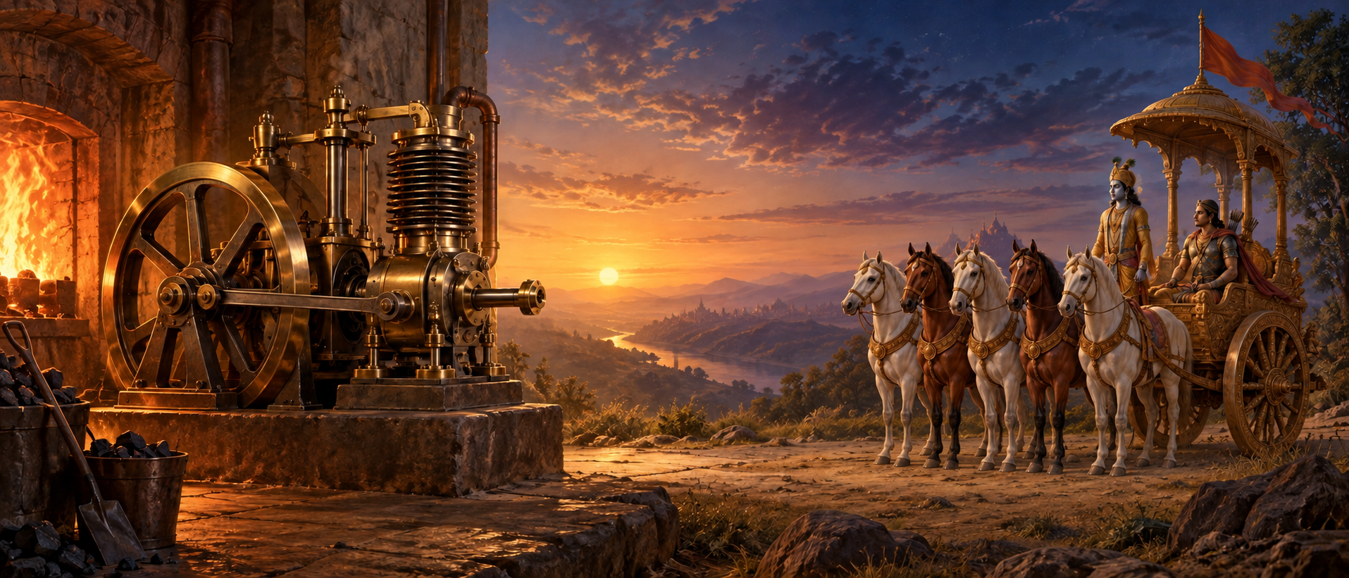 A brass heat engine and furnace occupy one side of a scene, while a five-horse chariot and two human figures occupy the other.