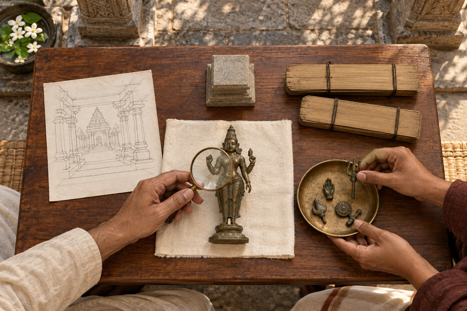Hands examine an unlabelled bronze goddess figure with a magnifying lens and five groups of visual clues on a wooden table.