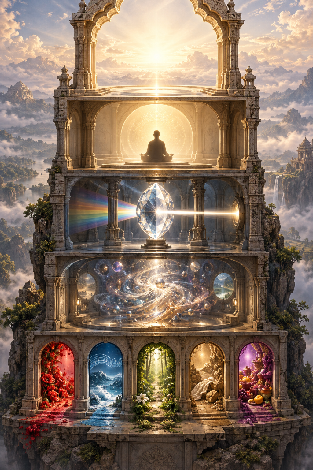 A five-level cutaway structure rises from sensory portals through reflective and lens-filled chambers to a seated silhouette and an open field of light.