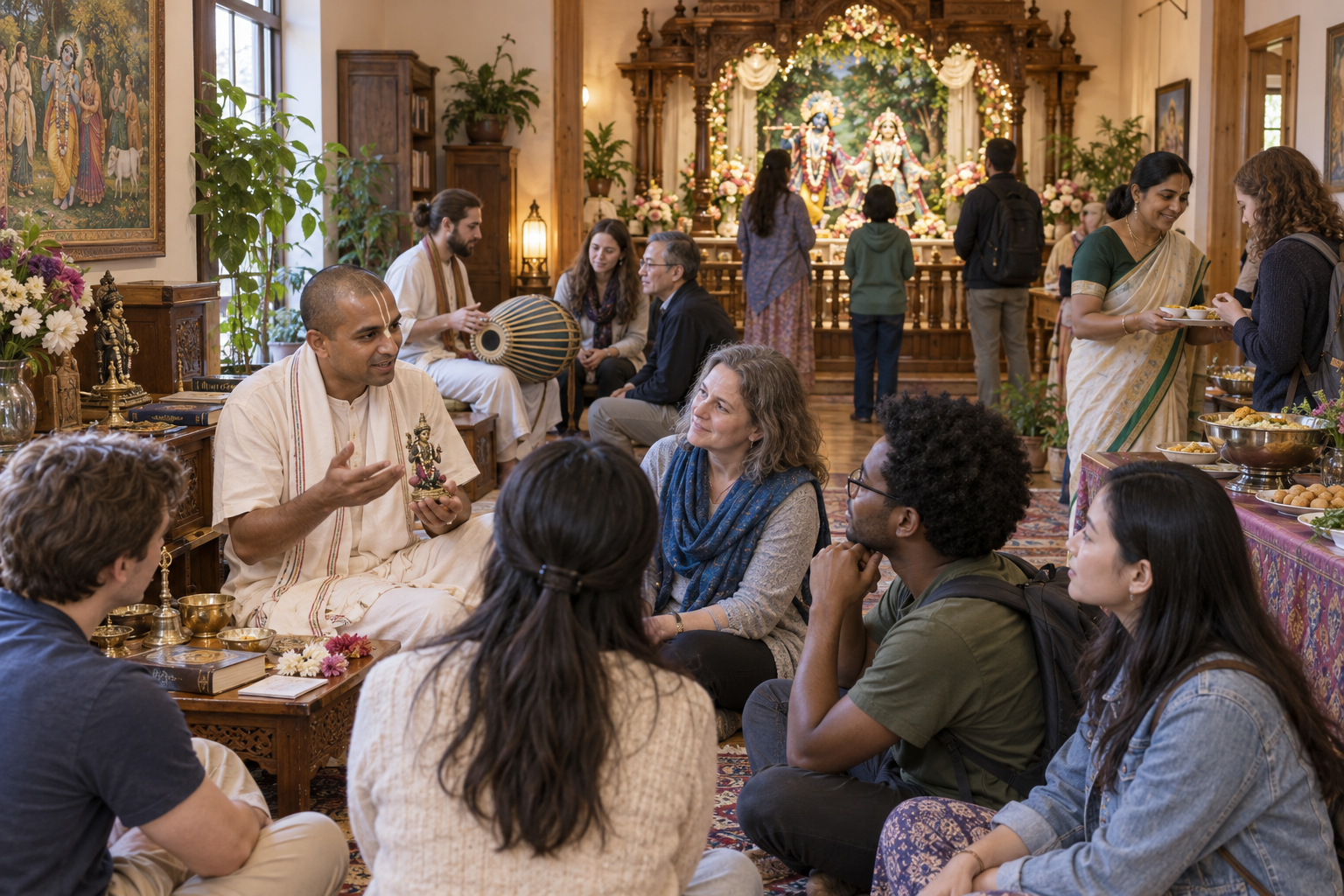 Visitors learn through guided discussion, observation of a shrine, devotional music, ritual objects and vegetarian food.
