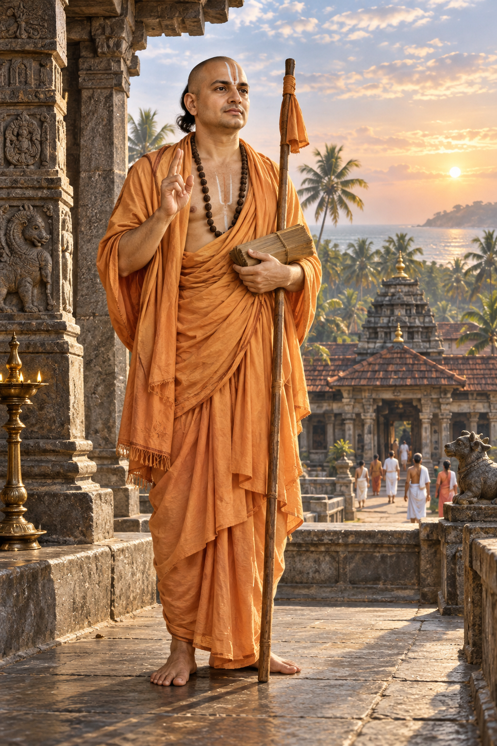 Srila Madhvacarya in saffron robes stands with a staff and palm-leaf manuscript outside a temple in coastal Karnataka at sunrise.