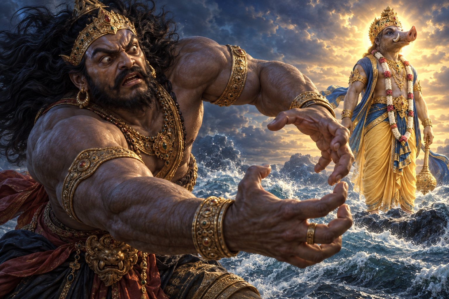 Hiranyaksha closes his arms around empty space while the serene divine form of Sri Varaha stands beyond his reach.