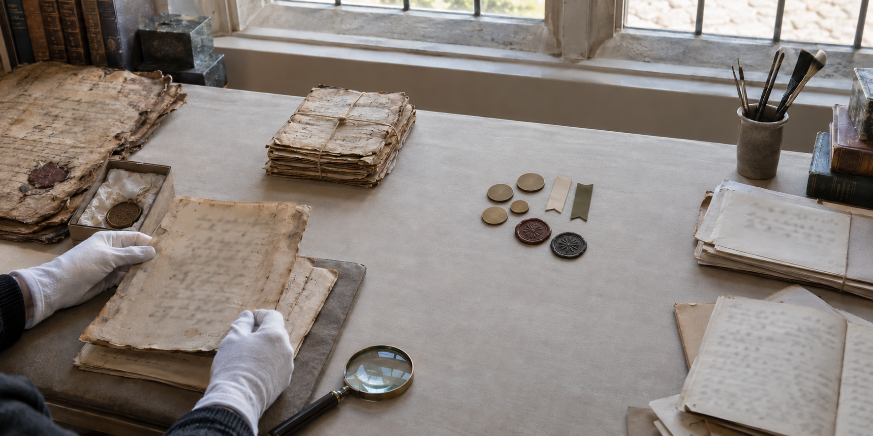 Gloved hands compare manuscript leaves, seal impressions, and record bundles arranged with visible gaps on an archive table.
