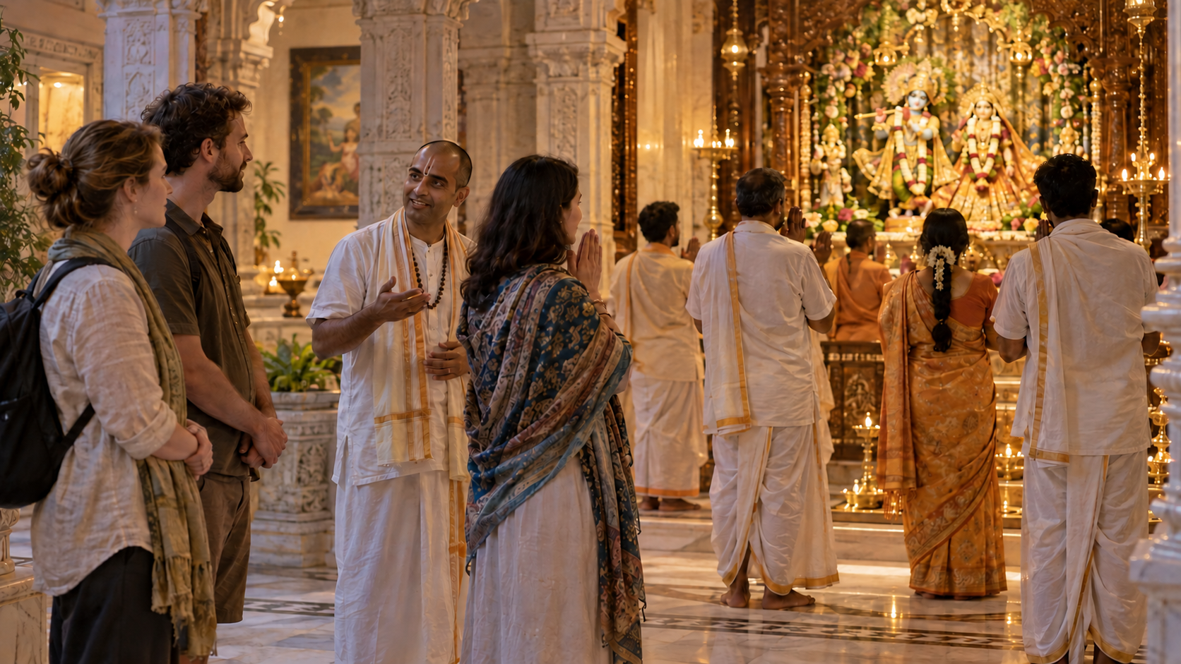 Devotees participate in worship while interfaith visitors observe or make optional respectful gestures beside a community guide.