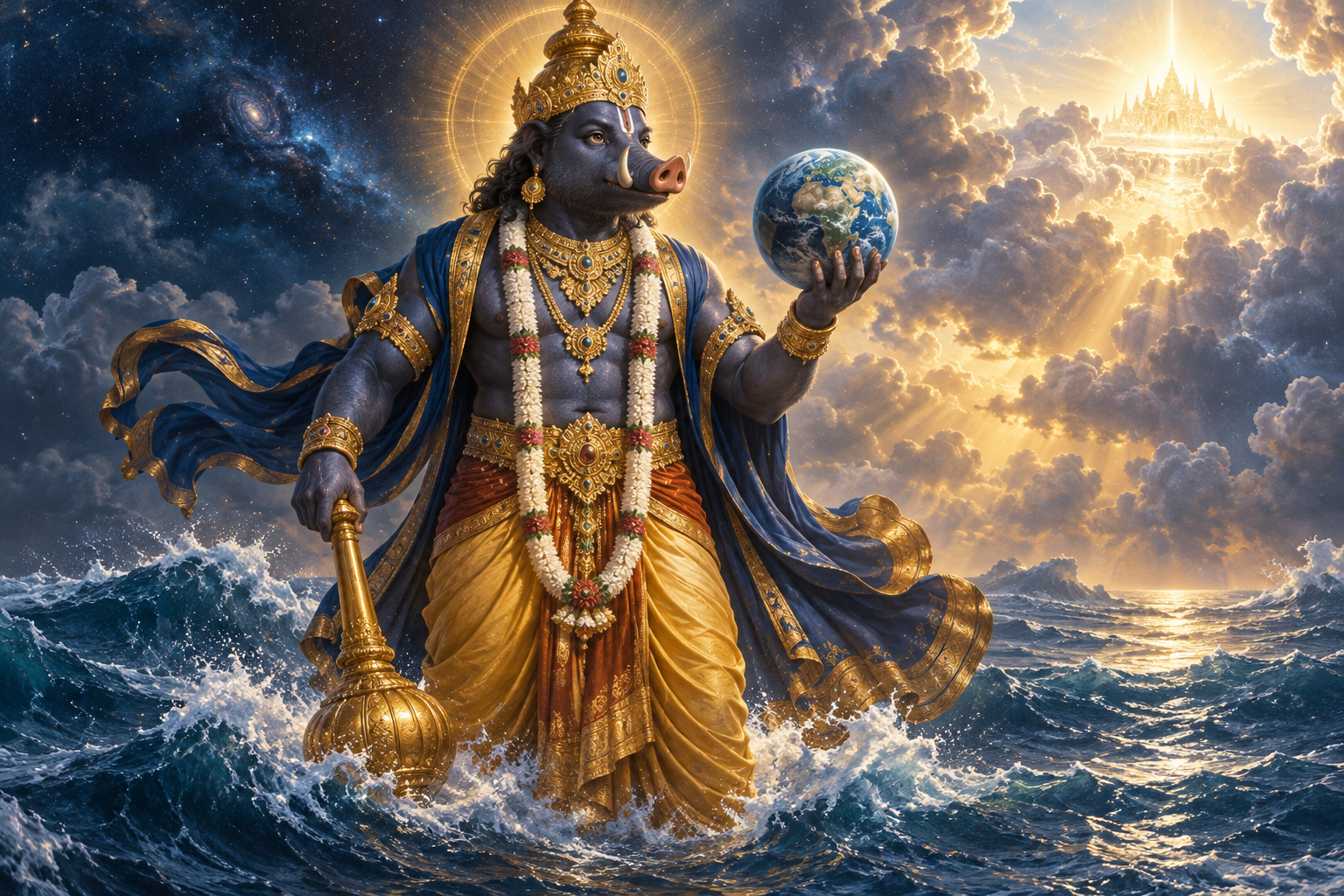 Sri Varaha stands as a crowned divine person above the primordial waters, with the restored Earth nearby under celestial light.