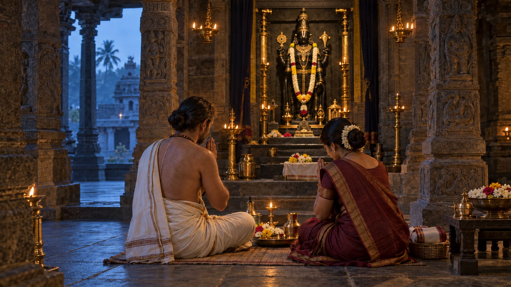 A devout couple prays before a Vishnu shrine in a lamp-lit stone temple in medieval Karnataka.