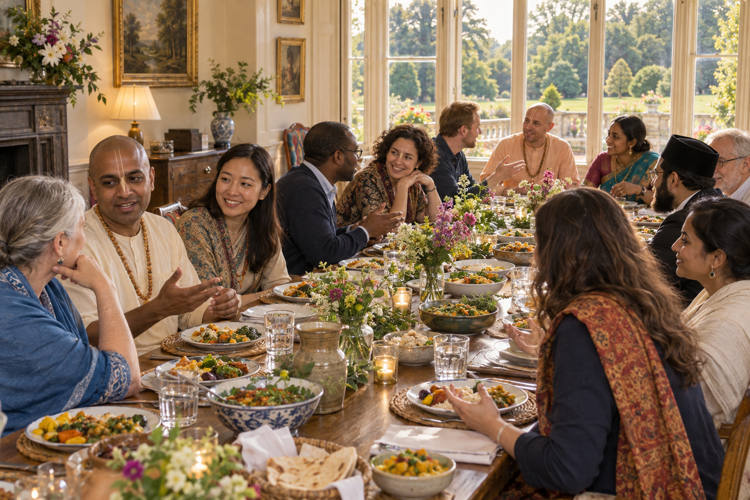 Vaishnava hosts and interfaith guests share a vegetarian meal and relaxed conversation around a dining table.