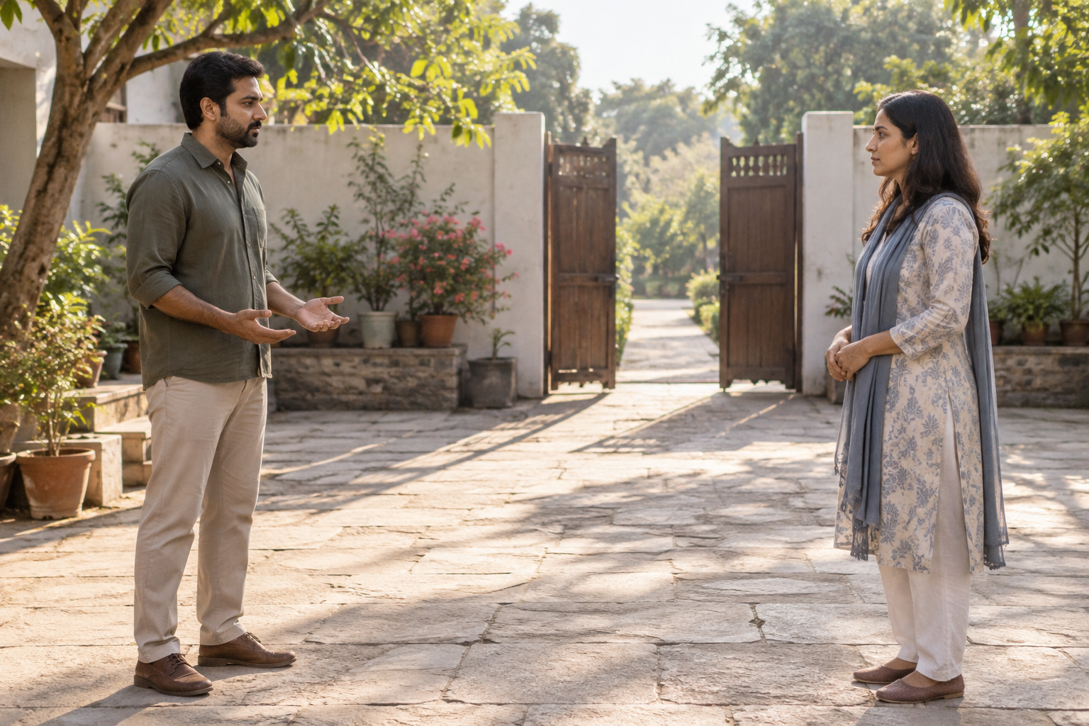 A calm adult keeps both hands open while maintaining a respectful distance during a difficult conversation in a sunlit courtyard.