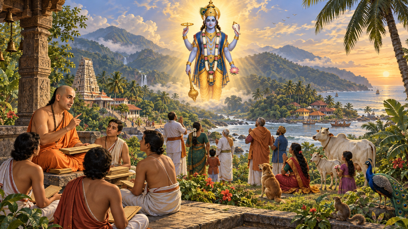 Madhvacarya teaches disciples as Vishnu appears above a detailed world of distinct people, animals, plants, mountains, and a temple.
