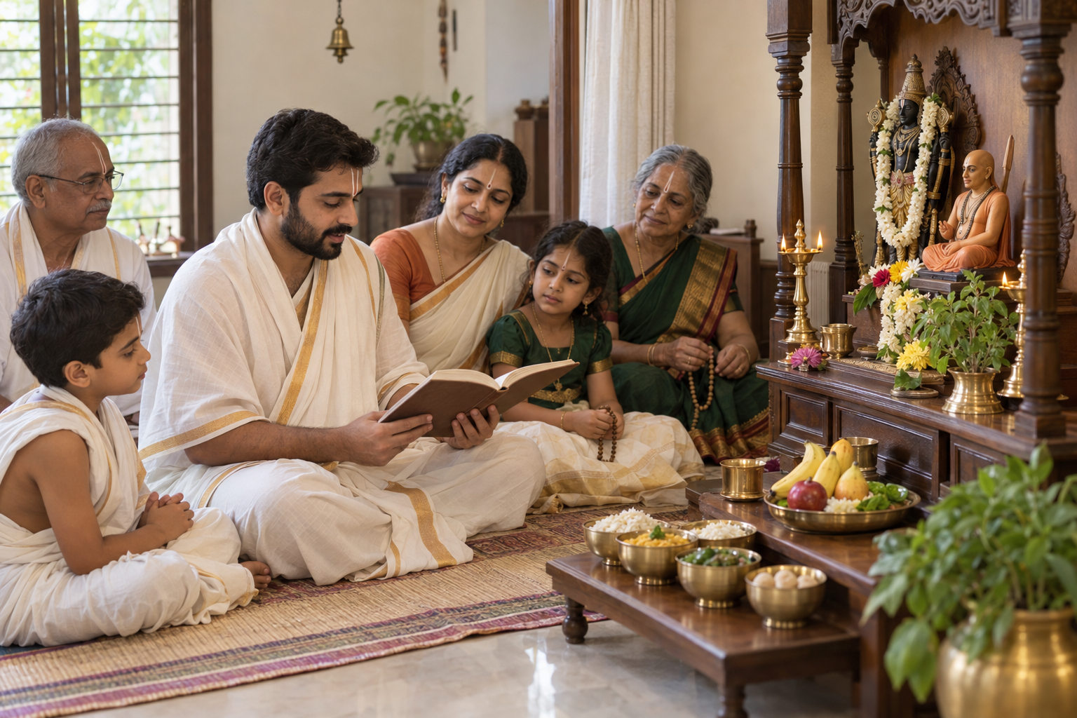 A family observes Madhvacarya's appearance day at home with scripture study, prayer beads, flowers, lamps, and vegetarian offerings.