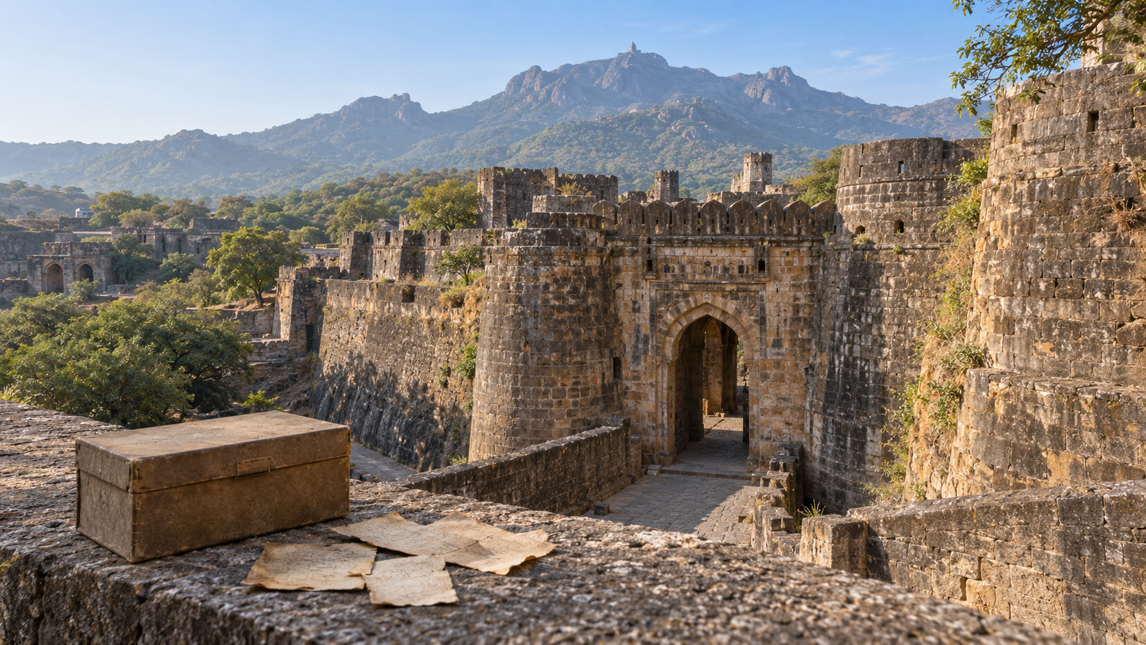 Junagadh's stone fort and distant hills appear behind a closed archive box and several disconnected document fragments.