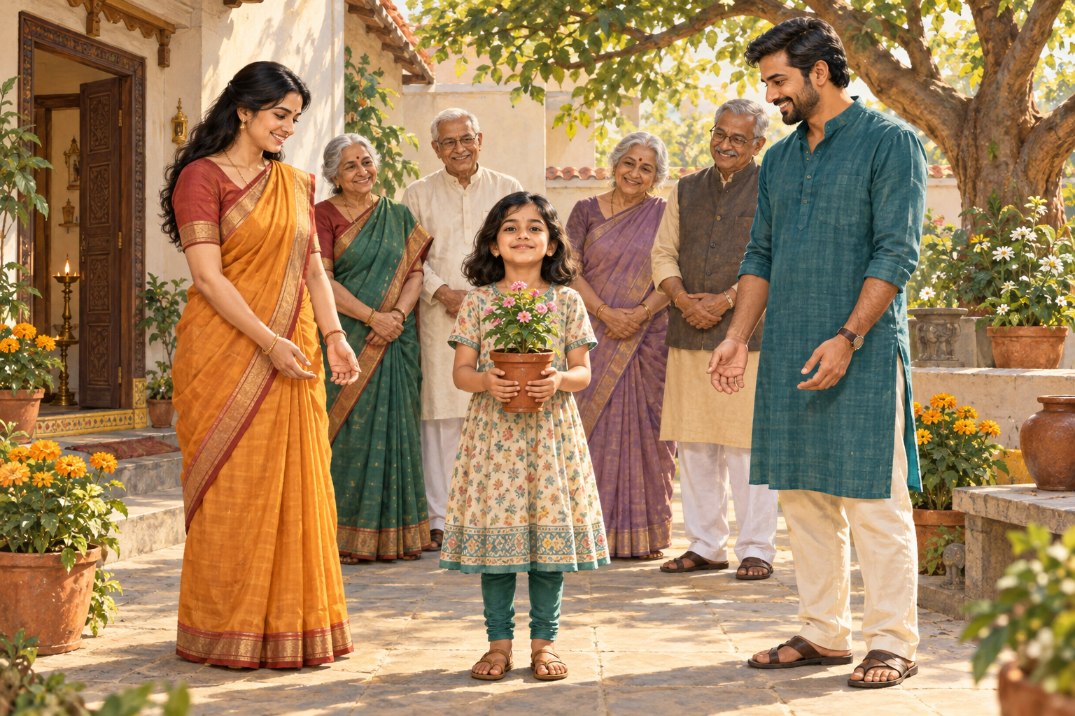 An Indian child holds a flowering sapling in a courtyard while the mother, father, and grandparents stand nearby with open hands.