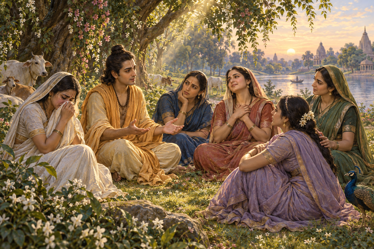 Uddhava sits in a Vrindavan grove and speaks to a circle of attentive gopis at dawn.