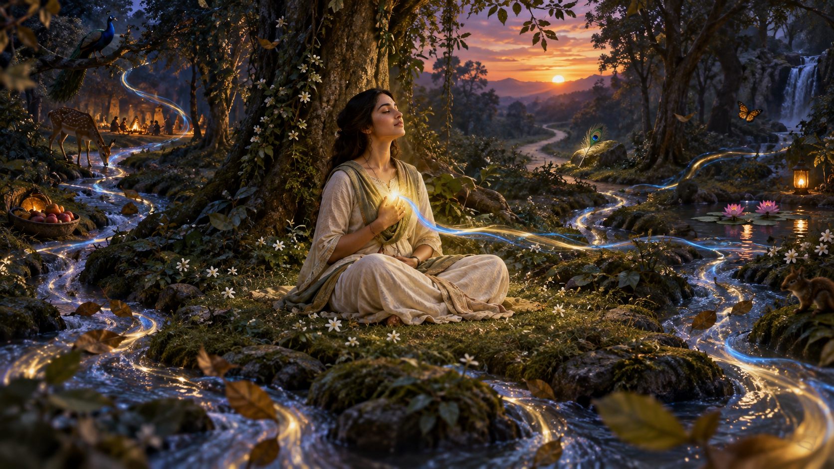 A woman meditates in a forest clearing as scattered streams and windblown leaves converge into light near her heart.