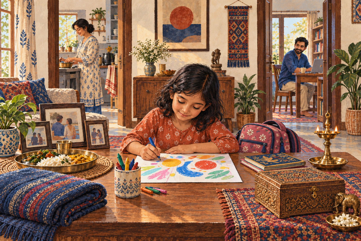 A child draws in an Indian home surrounded by a meal, blanket, school bag, family photographs, heirloom box, lamp, and two open doorways.