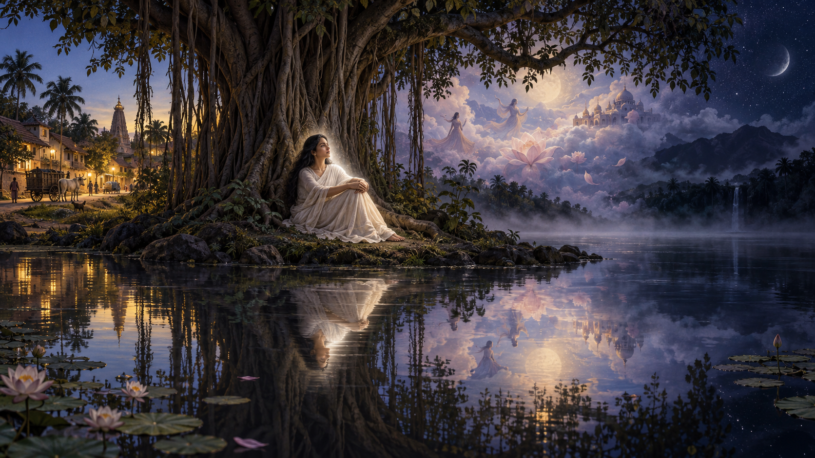 A resting woman remains softly illuminated while waking scenes, dreamlike forms, and deep darkness merge around a banyan tree and pond.